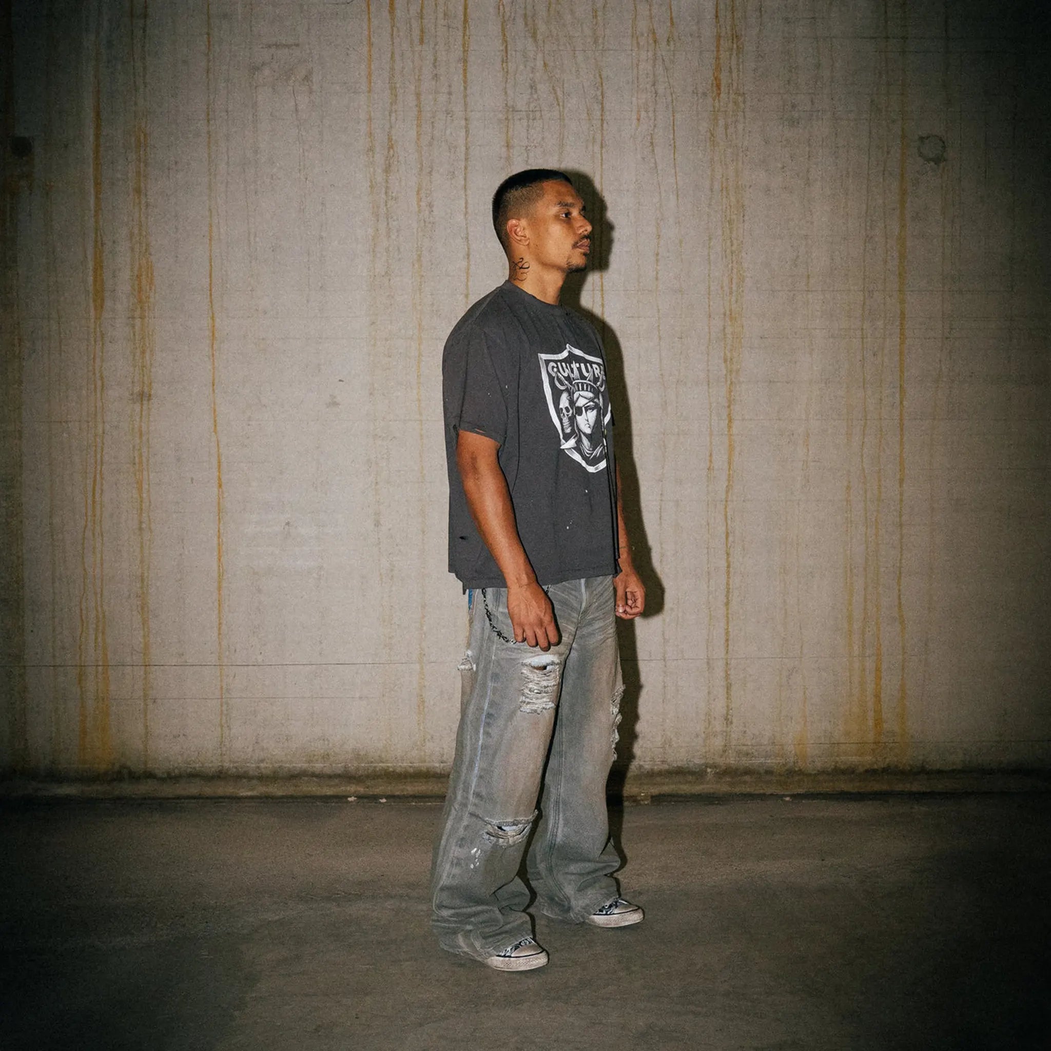 Front Side View of Lord Culture Raider Washed Grey Brown T-Shirt
